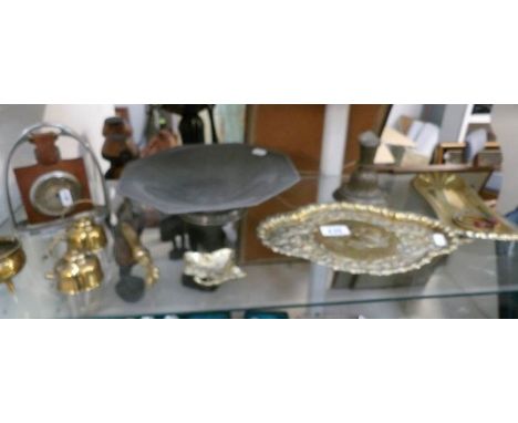 A hammered pewter fruit dish, old brass trays, 'stirrup' barometer etc