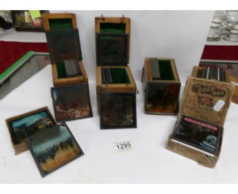 A quantity of magic lantern slides in boxes, Boer war, Japanese war etc