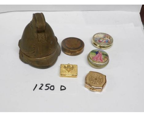 A metal box in the shape of a Roman helmet and 5 other trinket and pill boxes