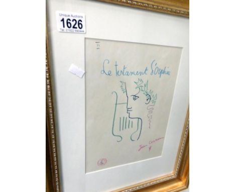 An artist's print entitled 'le Testament L'Orphee' signed Jean Cocteau in coloured pencil