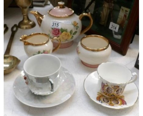 A Gibson 3 piece tea service, a Victorian continental cup & saucer and a 1937 commemorative cup and saucer