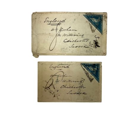 Cape of Good Hope two covers each with four pence triangle stamp, both addressed to Sussex England, with postmarks to the rev