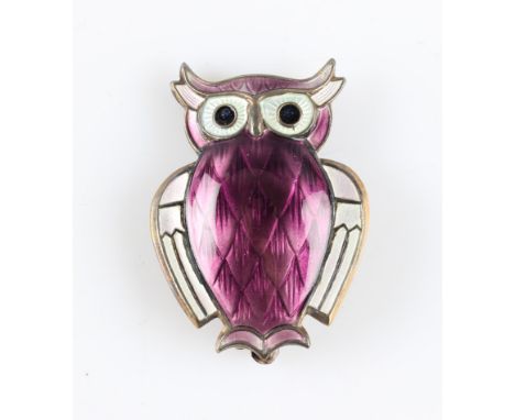 A Norwegian owl brooch by David Andersen, having purple and white enamel body, stamped David Andersen Norway Stirling 925 S, 