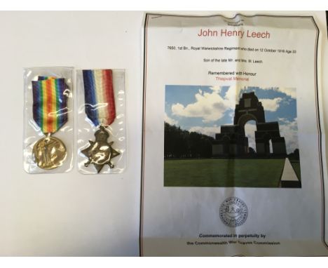 A First World War medal group of two awarded to John Henry Leech to include the 1914 Star and Victory Medal inscribed “7650 S