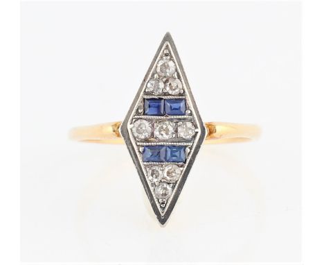 A sapphire and diamond dress ring, the diamond shaped head set with four rectangular cut sapphires separated by eight-cut dia