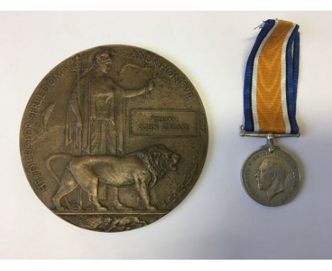 A First World War death plaque in brown package and War medal awarded to William John Crease, medal inscribed with “35029 PTE