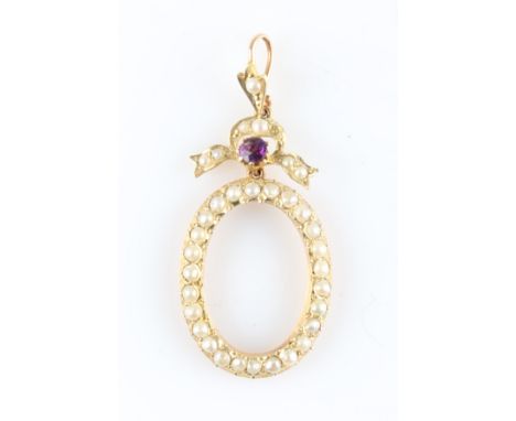 A seed pearl and amethyst frame pendant, the oval shape set with seed pearls and surmounted by bow design set centrally with 