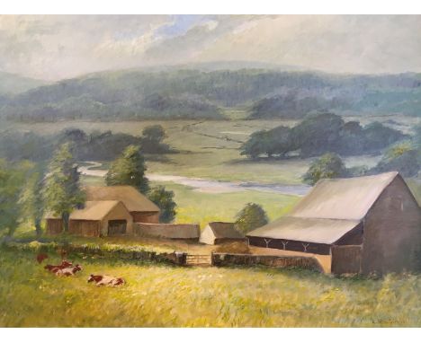 GEORGE R. WATERFIELD. Framed, glazed oil on board, titled verso Sun And Mist In The Wye Valley, 42.5cm x 59.5cm.