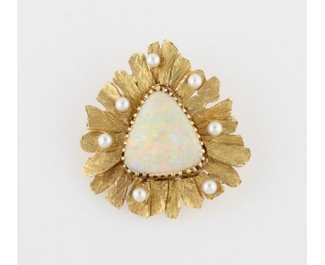 An opal and pearl brooch, set with a central triangular opal cabochon, measuring approx. 15x15mm, surrounded by textured orga