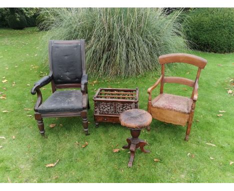 Quantity of furniture to include Leather toppped swivel stool, commode chair, rosewood cantebury, Edwardian library chair.