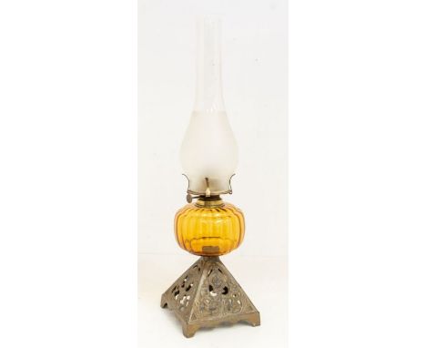 A Victorian ebony and brass carpenter's mortise gauge, approx 20cm;&nbsp;A Victorian paraffin oil lamp, orange glass reservoi