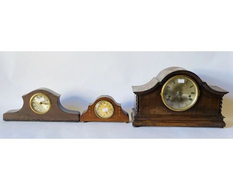 Three clocks. Small clock with 8 day Swiss movement with balance escapement in a walnut style case with inlays - 10" x 5.5" x