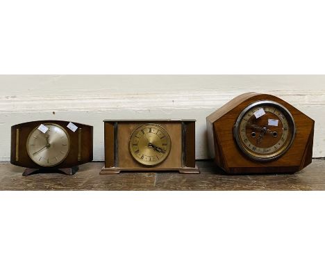 Three mantel clocks, consisting of One electric (Metamec made) A mechanical clock and a 2 train English mantel clock.&nbsp;  
