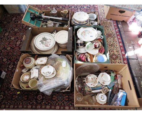 6 boxes of mixed china and glass, to include Royall commemoratives, Portmeirion , Torquay motto ware, steins, camera tripod a