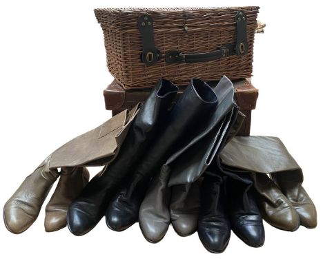 1980s long leather boots, a compressed card box case with the initials I.K.M. on the side and a wicker hamper. (qty)