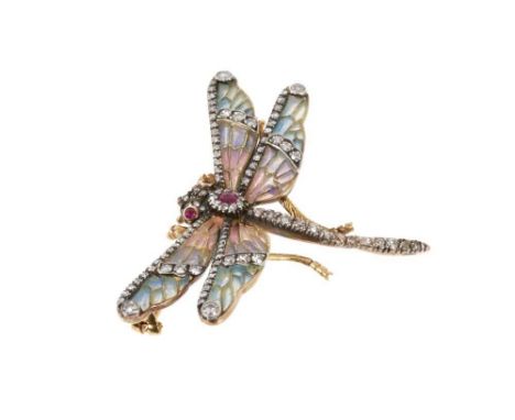 Antique plique-à-jour enamel dragonfly brooch with opalescent enamel wings, ruby eyes and body, and single cut diamonds in si