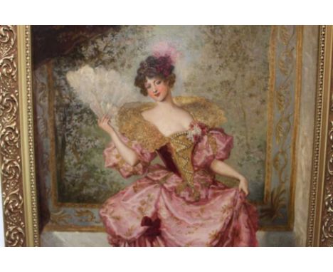 Continental School 19th Century Oil on canvas, an elegant lady in a lavish interior wearing a ball gown and holding an ostric