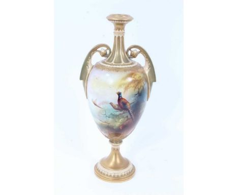 Royal Worcester twin-handled vase, hand painted with pheasants and signed A Lewis, dated code for 1907, 29.5cm highA nick to 