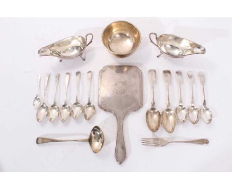 Selection of miscellaneous 19th/early 20th century silver, including pair sauce boats, hand mirror, sugar bowl and flatware (