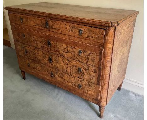 Impressive early 18th century Italian figured walnut crossbanded and marquetry inlaid commode, the top with shaped angles, ov