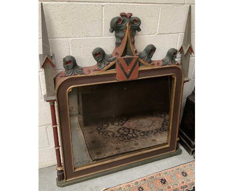 19th century polychrome painted gothic mirror, with shaped rectangular plate within channel moulded surround with heraldic sh