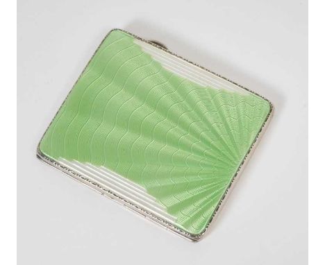 1930s Silver cigarette case of rectangular form, with wavy green and white guilloche enamel decoration, in the Art Deco style