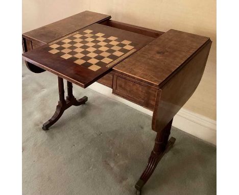 Regency style mahogany sofa / games table, the hinged rounded rectangular top with reversible top having chess board inlay to