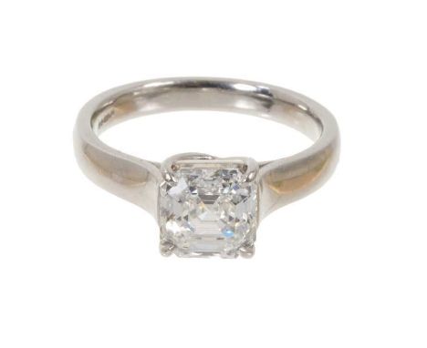 Royal Asscher Cut diamond single stone ring, weighing 2.02cts, I colour grade and VVS2 clarity in four claw platinum setting 