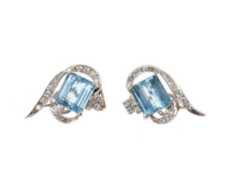 Pair of aquamarine and diamond earrings, each with a rectangular step cut aquamarine measuring approximately 9.4mm x 8.5mm, i