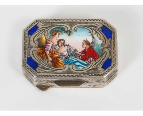 Italian silver pill or patch box of octagonal form, with engraved and enamelled decoration depicting two ladies and a suitor 