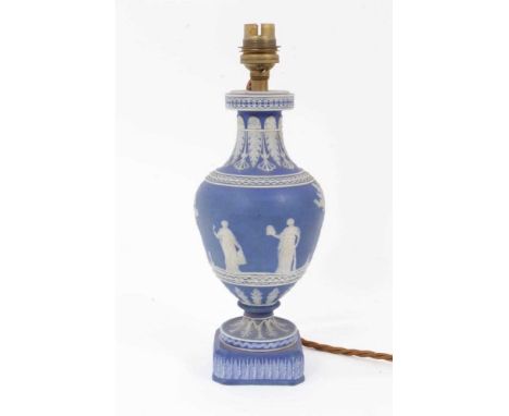 19th century Jasper ware vase, probably Wedgwood, decorated in relief with classical figures, on a chamfered square base, con