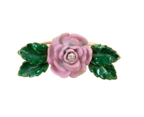 Antique pink enamel and diamond rose brooch with an old cut diamond, pink enamel petals and green enamel leaves, with unusual
