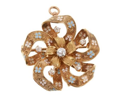 Diamond and enamel ribbon pendant/brooch with turquoise and white enamel four-leaf clovers and set with six old cut diamonds,