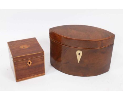 Georgian style navette form partridge wood tea caddy, with hinged cover and bone teardrop escutcheon plate, 18cm wide, togeth