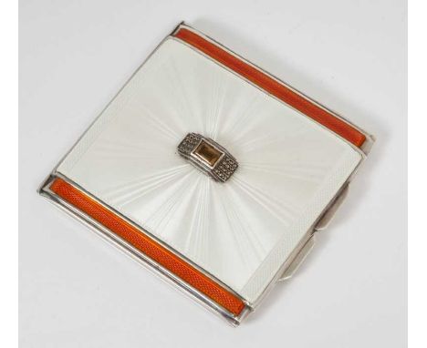 1930s Art Deco style, silver powder compact of square form, with Guilloche enamel decoration and an applied citrine to the co