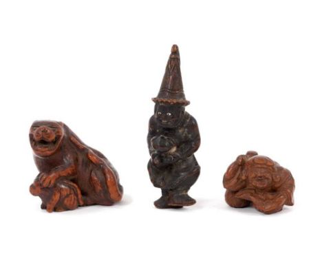 Three Japanese carved wooden netsuke, including finely carved figure of a tiger and cub, two character mark to the base, 5cm,