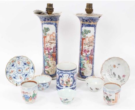 Group of 18th century Chinese porcelain including pair sleeve vases with mandarin palette decoration (converted to lamps) 28 