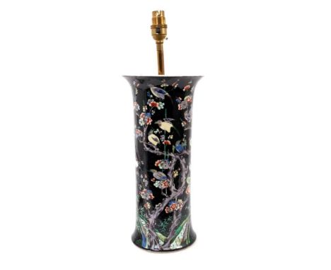 Late 19th century Chinese famille noire porcelain sleeve vase, painted with birds perched amongst prunus blossom, converted t