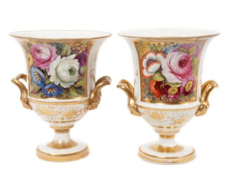 Pair Regency Coalport flower painted two handled campana shaped vases, circa 1815 with lions head handles, gilt vine decorati