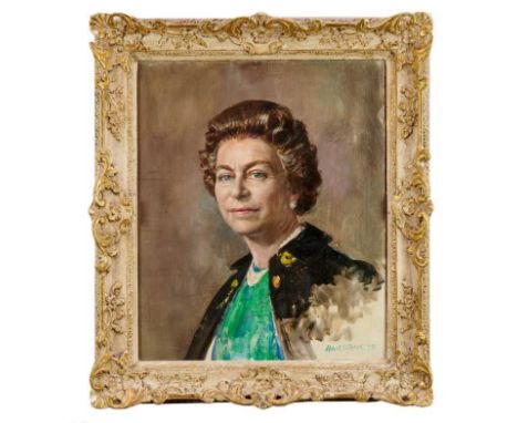 Bernard Hailstone (1910-1987) 1979, oil on canvas sketch portrait of H.M.Queen Elizabeth II with an enigmatic smile on her fa