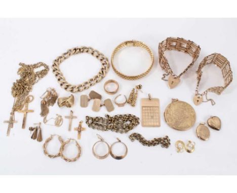 Group of 9ct gold and yellow metal jewellery to include two gate bracelets, lockets, earrings, pendants and chainsTotal gross