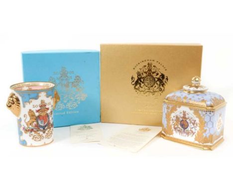 The Golden Jubilee 2002, Royal Collection limited edition porcelain beaker decorated with Royal Arms in fitted box, The Diamo