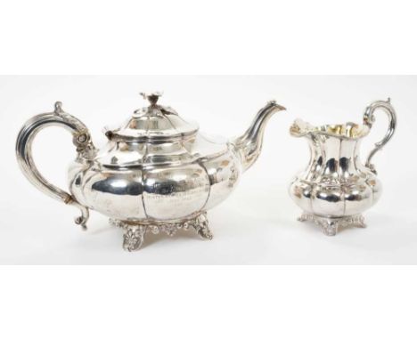 Early Victorian silver tea pot of melon forn, with engraved dedication, hinged domed cover with flower head finial and leaf m