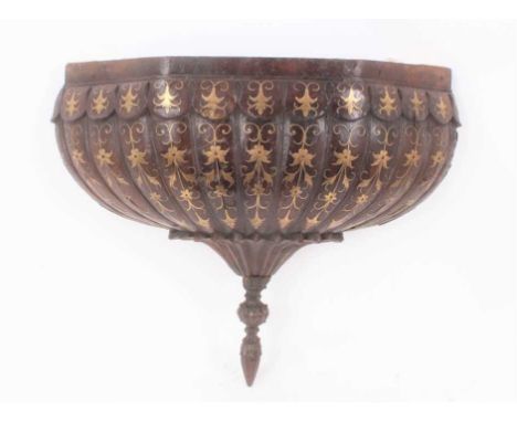 Unusual antique Anglo-Indian hardwood and brass inlaid mount, of lobed hemispherical form with tapering finial, possibly from