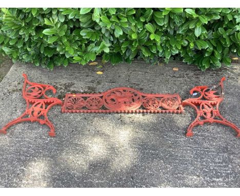Good quality Coalbrokedale style cast iron bench, dismantled and lacking slats, the back cast with ferns and gun dog ornament