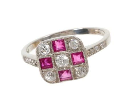 Art Deco platinum diamond and ruby ring, the square plaque of chequerboard design with square cut rubies and old cut diamonds