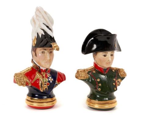 Two unusual Halcyon Days enamel bonbonieres in the form of a bust of The Duke of Wellington in uniform and wearing a cocked h