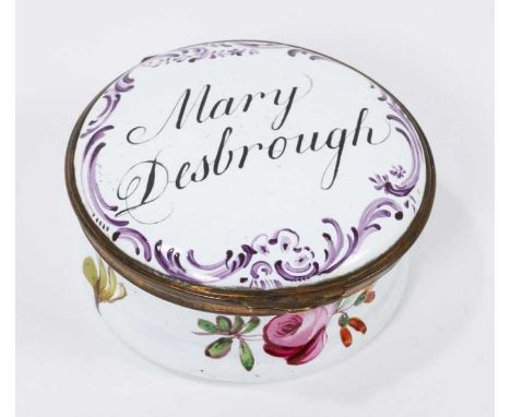 A South Staffordshire enamel patch box, inscribed ‘Mary Desbrough’ circa 1760-70. Provenance; Christies, London, 20th May 198