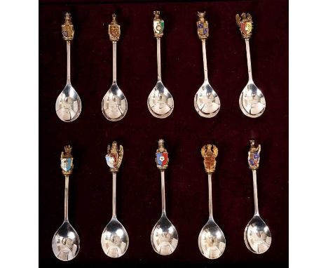 A Crown Copyright limited edition of 10 silver, silver gilt and enamel Queens Beast spoons, in original fitted case, number 1
