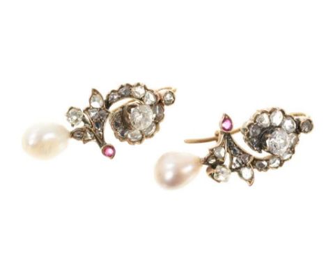 Pair of natural pearl diamond and ruby earrings, each with a natural saltwater pearl weighing 2.55ct and 2.56ct suspended fro